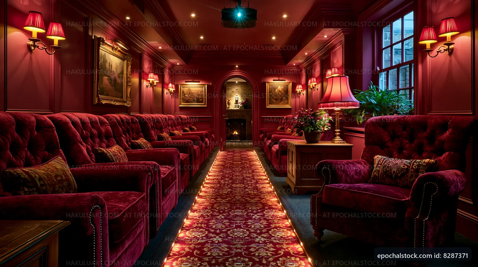 Cozy lounge with red velvet seating and soft lighting