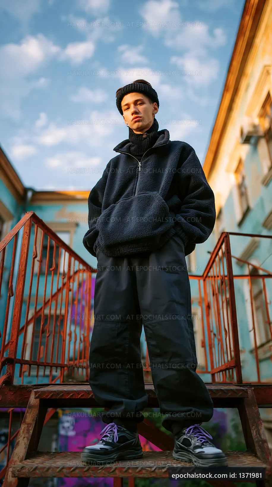 Young person standing on stairs in urban setting during daytime