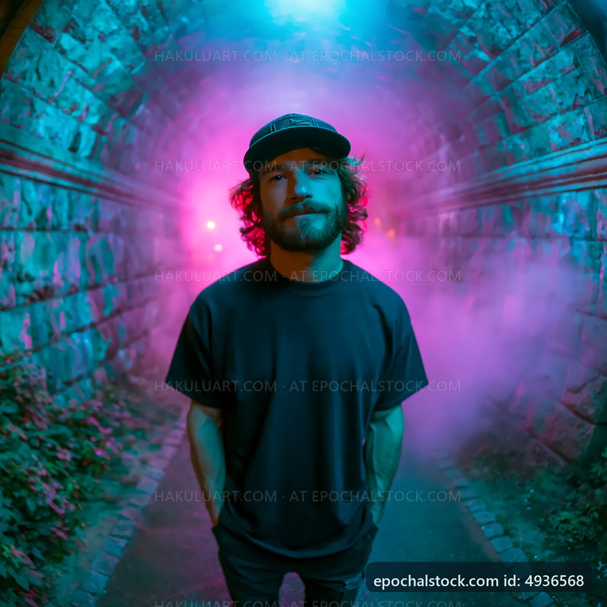 Man stands in colorful tunnel with fog and lights