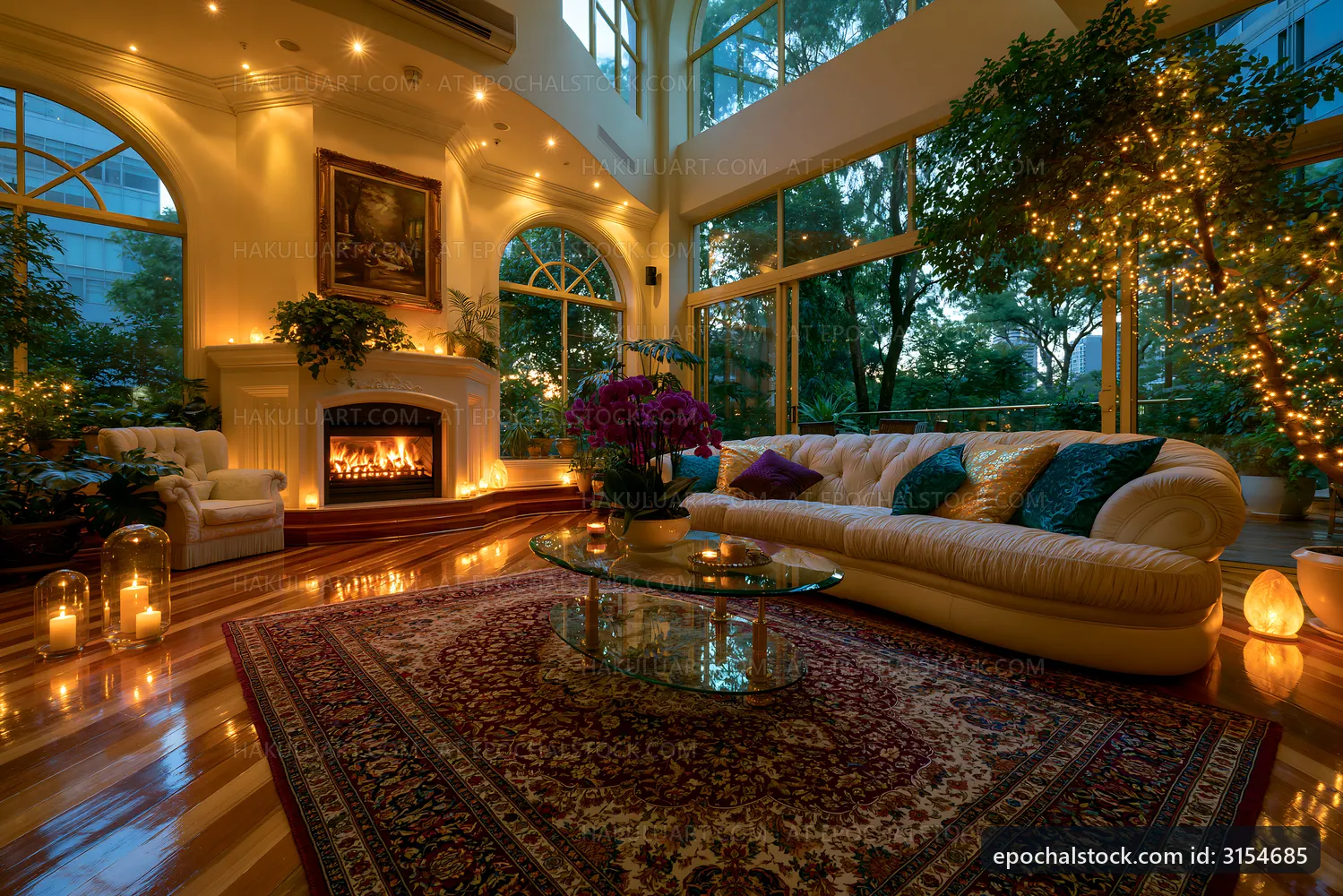 Cozy living room with fireplace and warm lighting at dusk