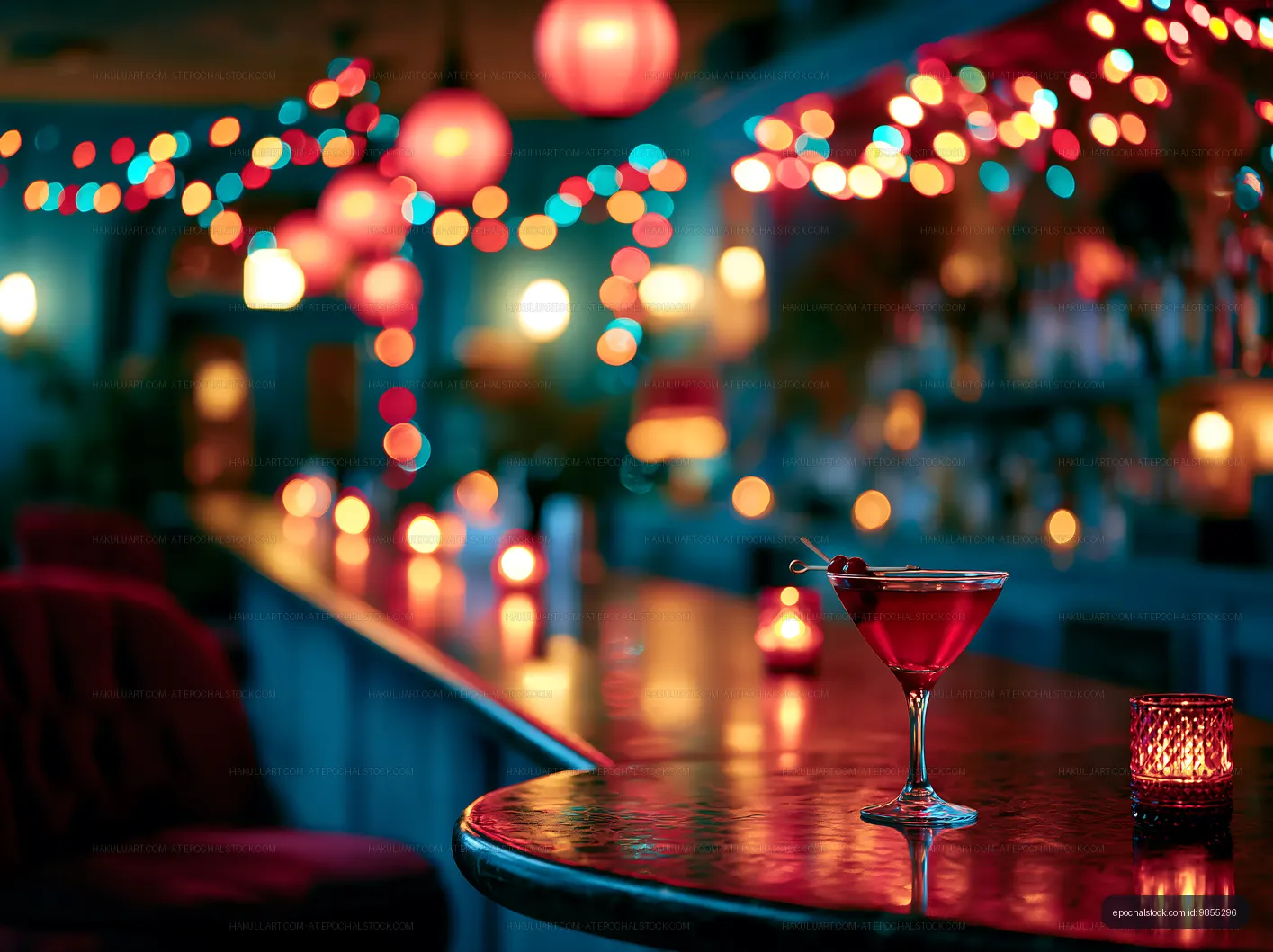 Cocktail on a bar in a dimly lit lounge with colorful lights