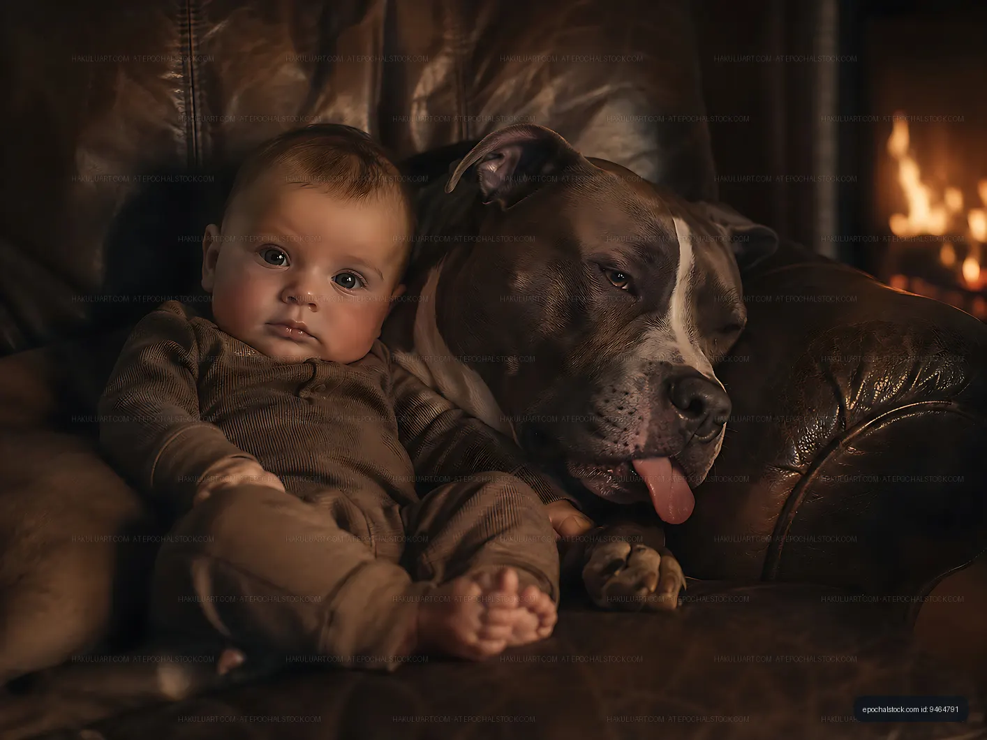 Baby and dog sit together on a couch near a fireplace