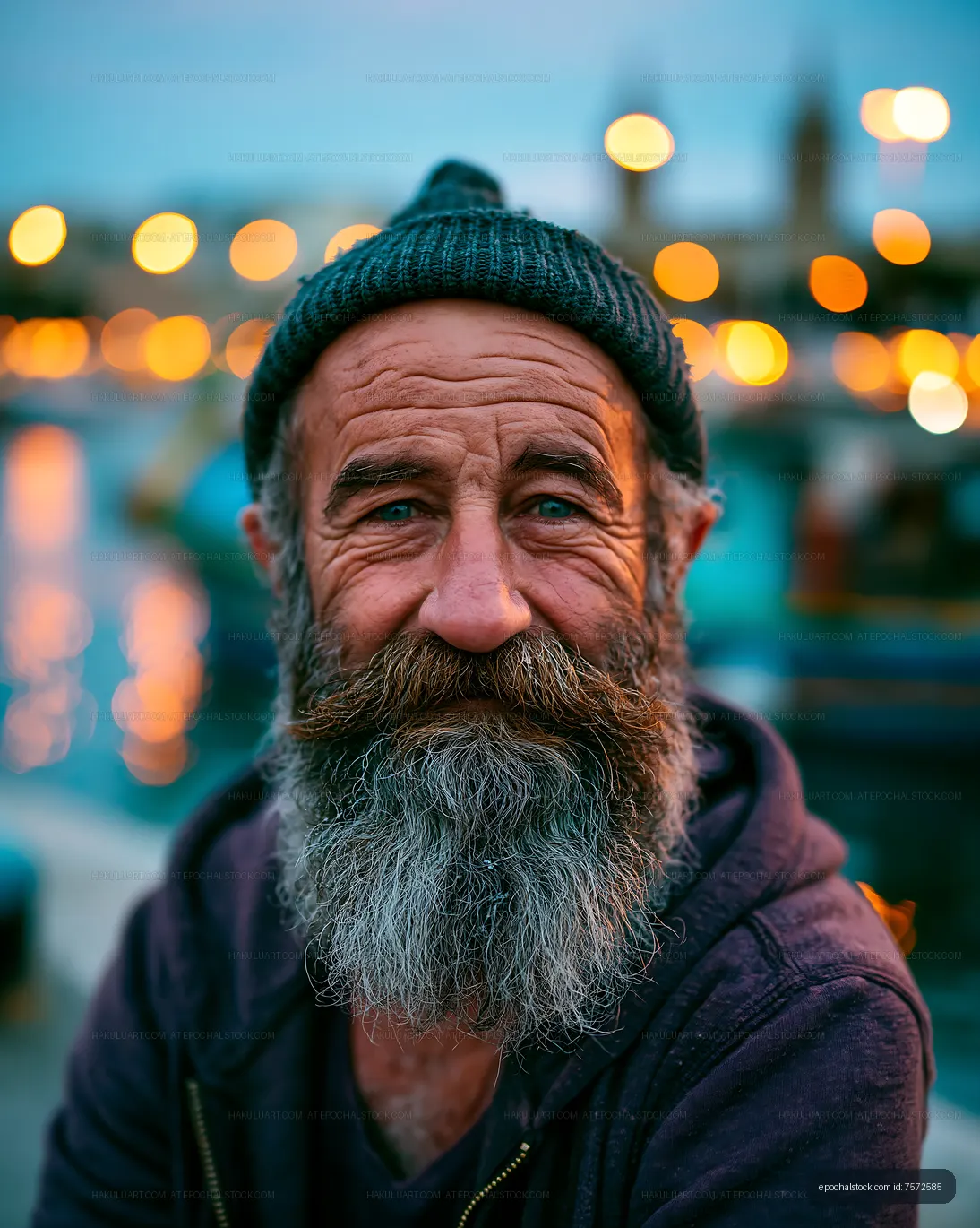 Older man with a beard and hat smiles by the water at dusk