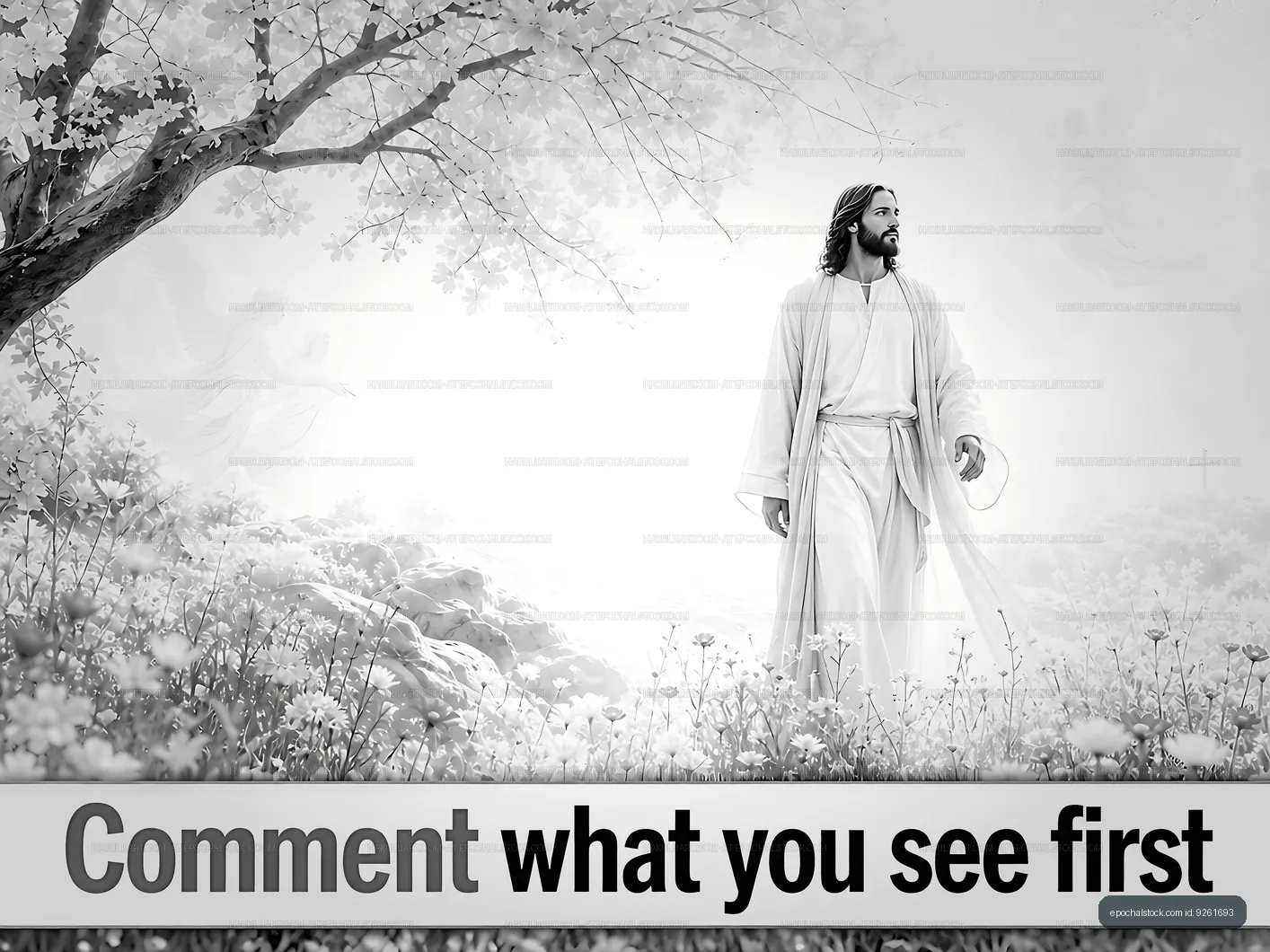 Jesus walking in a serene landscape with flowers and trees