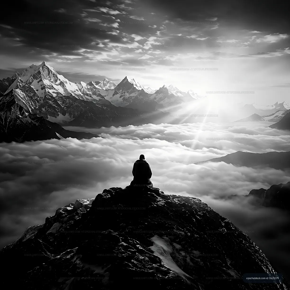 Man sitting on a rock in mountains above clouds at sunrise
