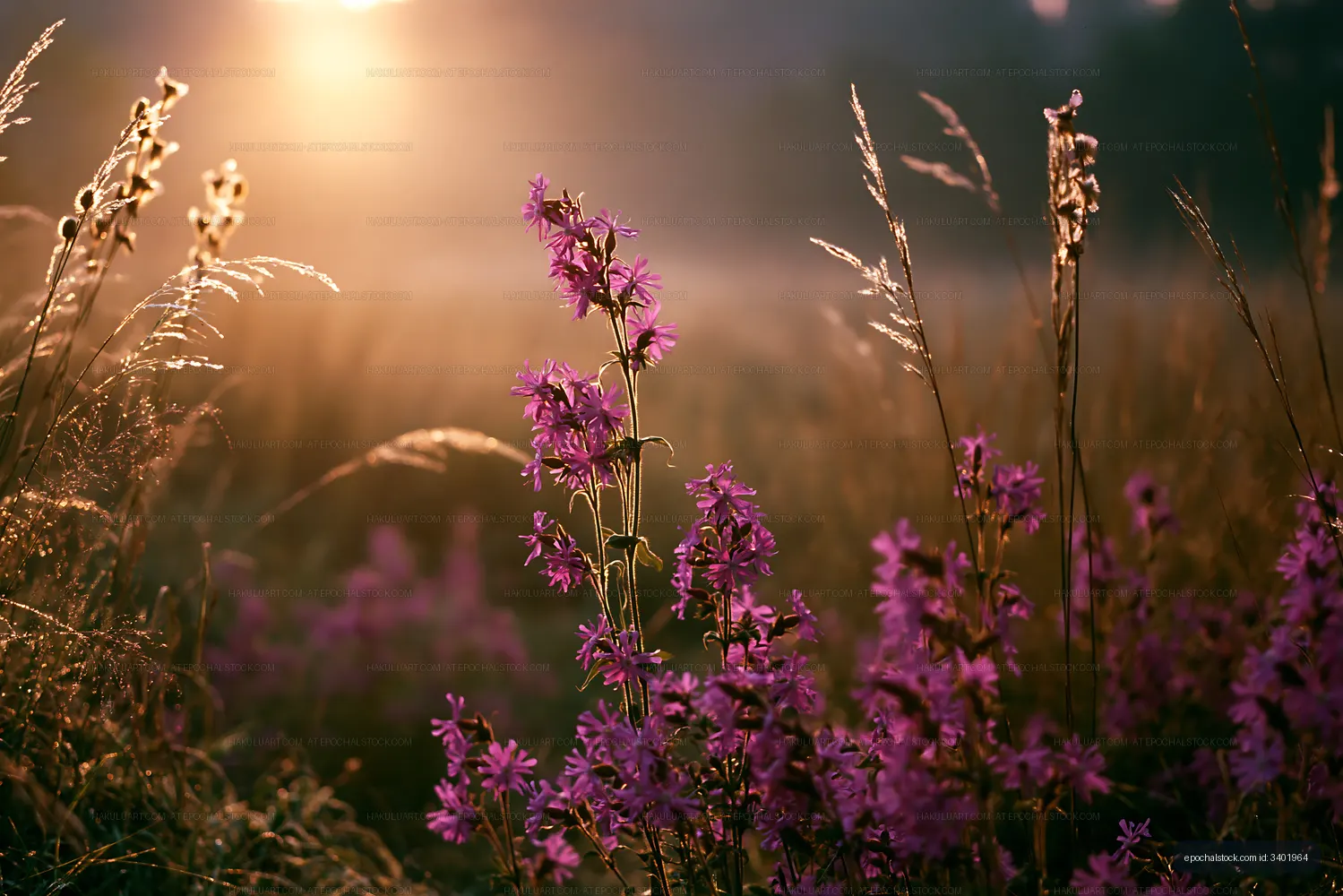 Morning light shines on wildflowers in a field