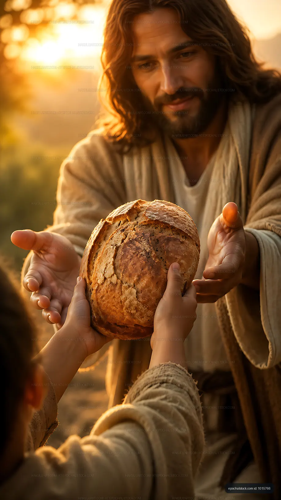 Man giving bread to a child during sunset