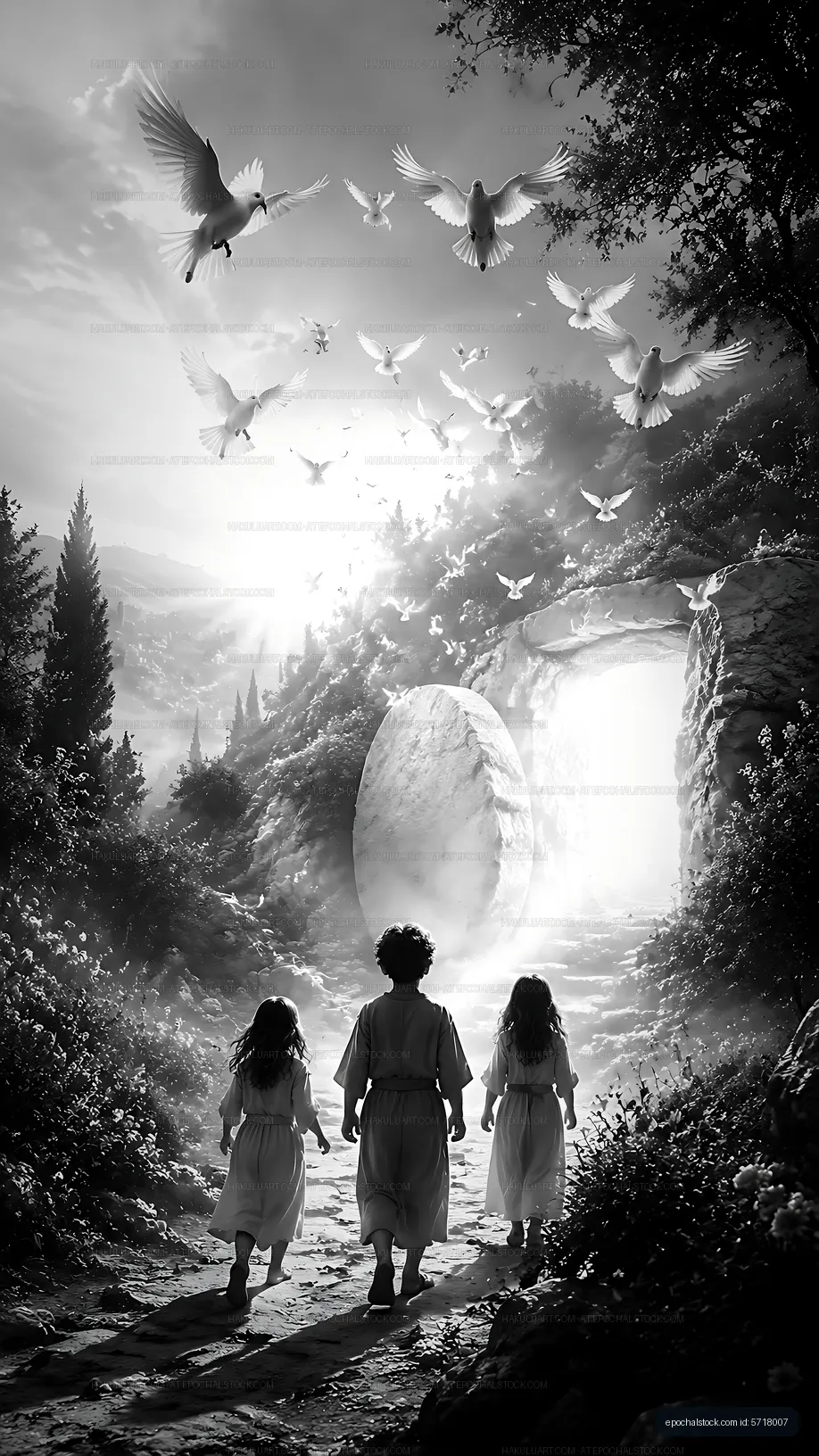 Children walking towards a glowing doorway in a forest