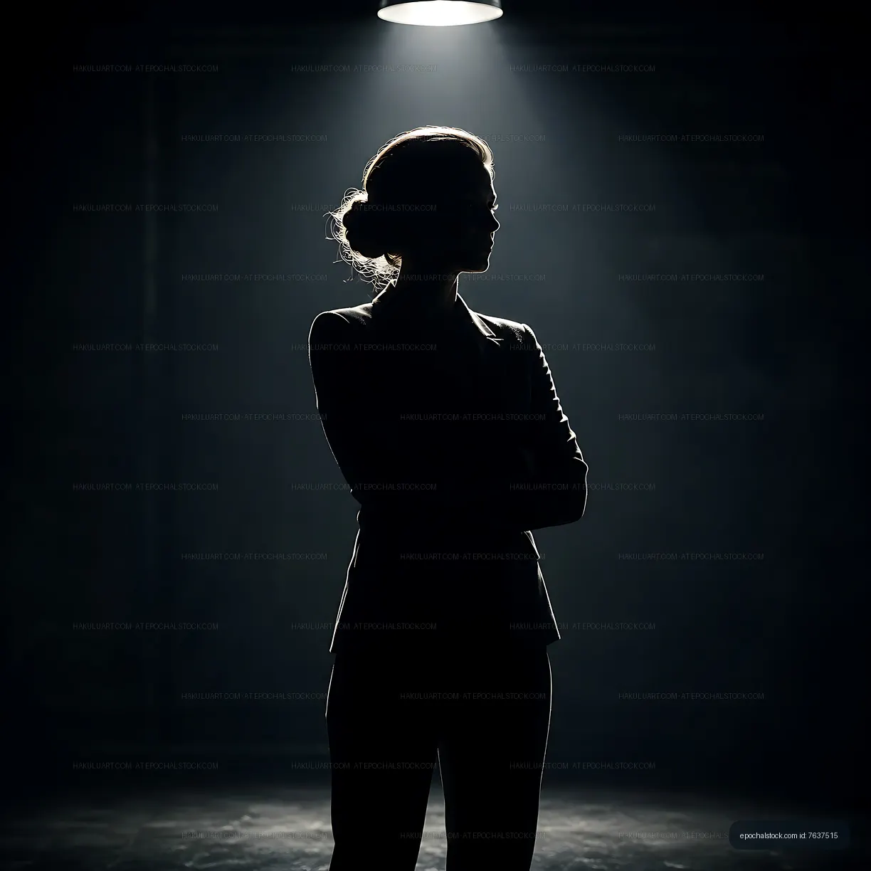 Silhouette of a woman standing under a spotlight in a dark room