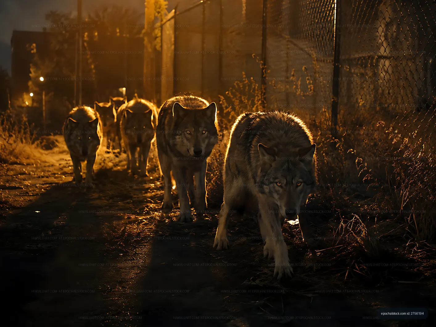 Wolves walking on an urban path at night
