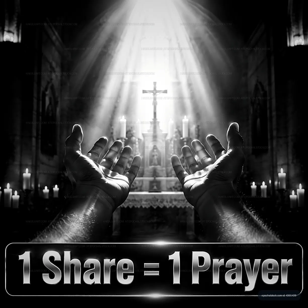 Hands raised in prayer inside a church with light streaming through