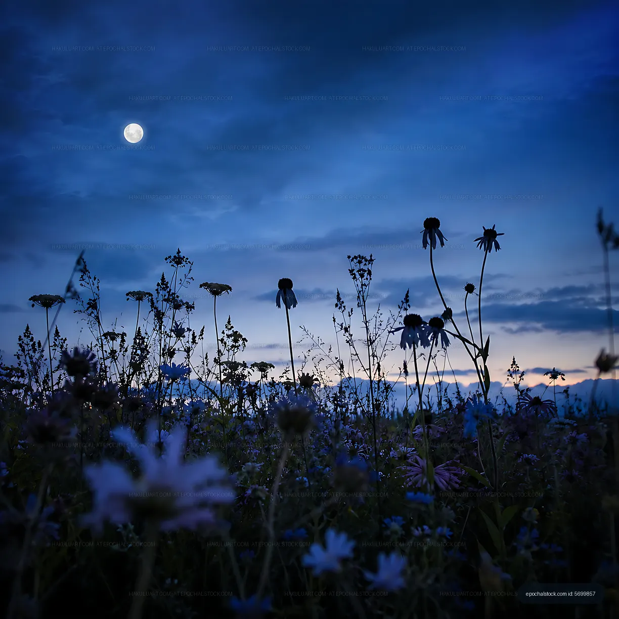 Blue flowers and moon in dark sky at dusk
