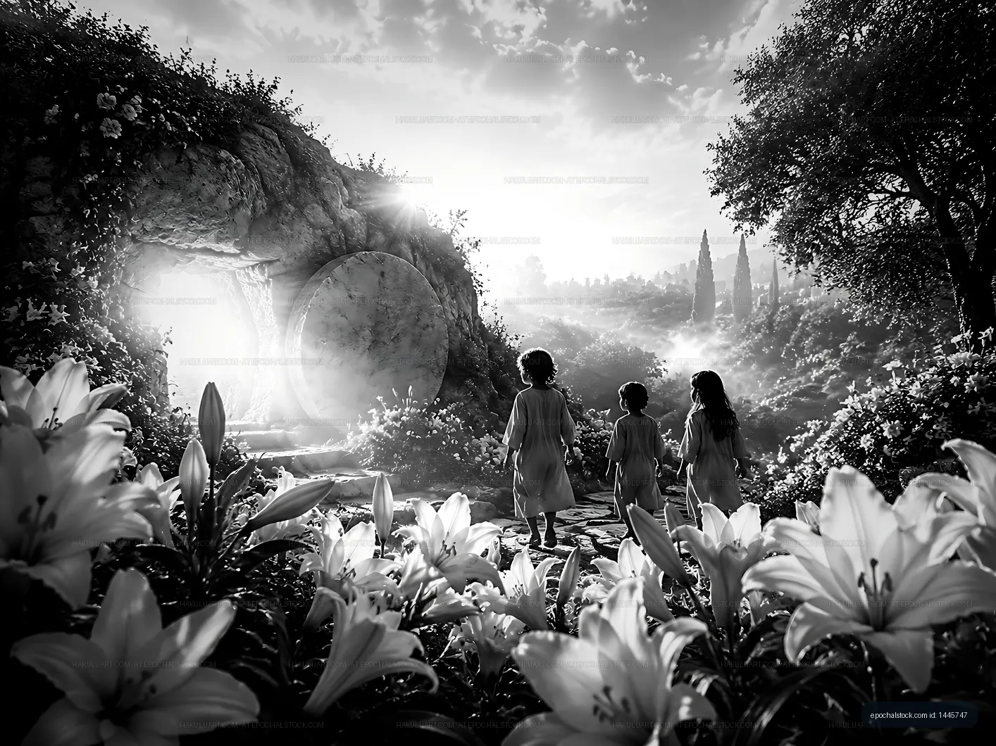 Children walking towards a doorway in a garden