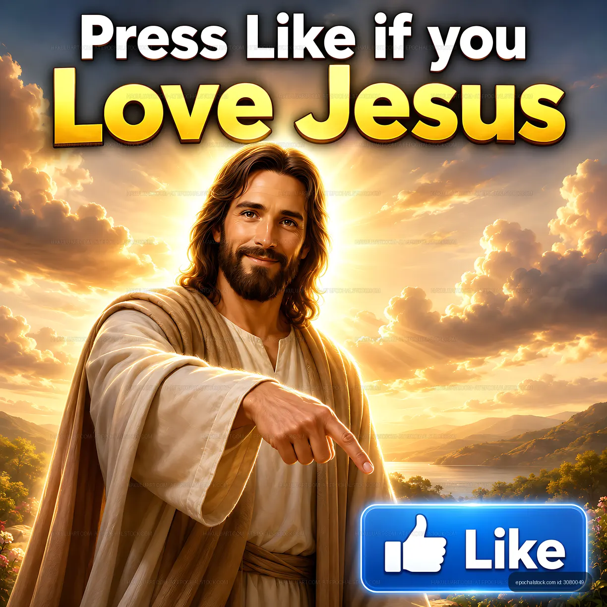 Jesus figures with rays of light and like button in the background