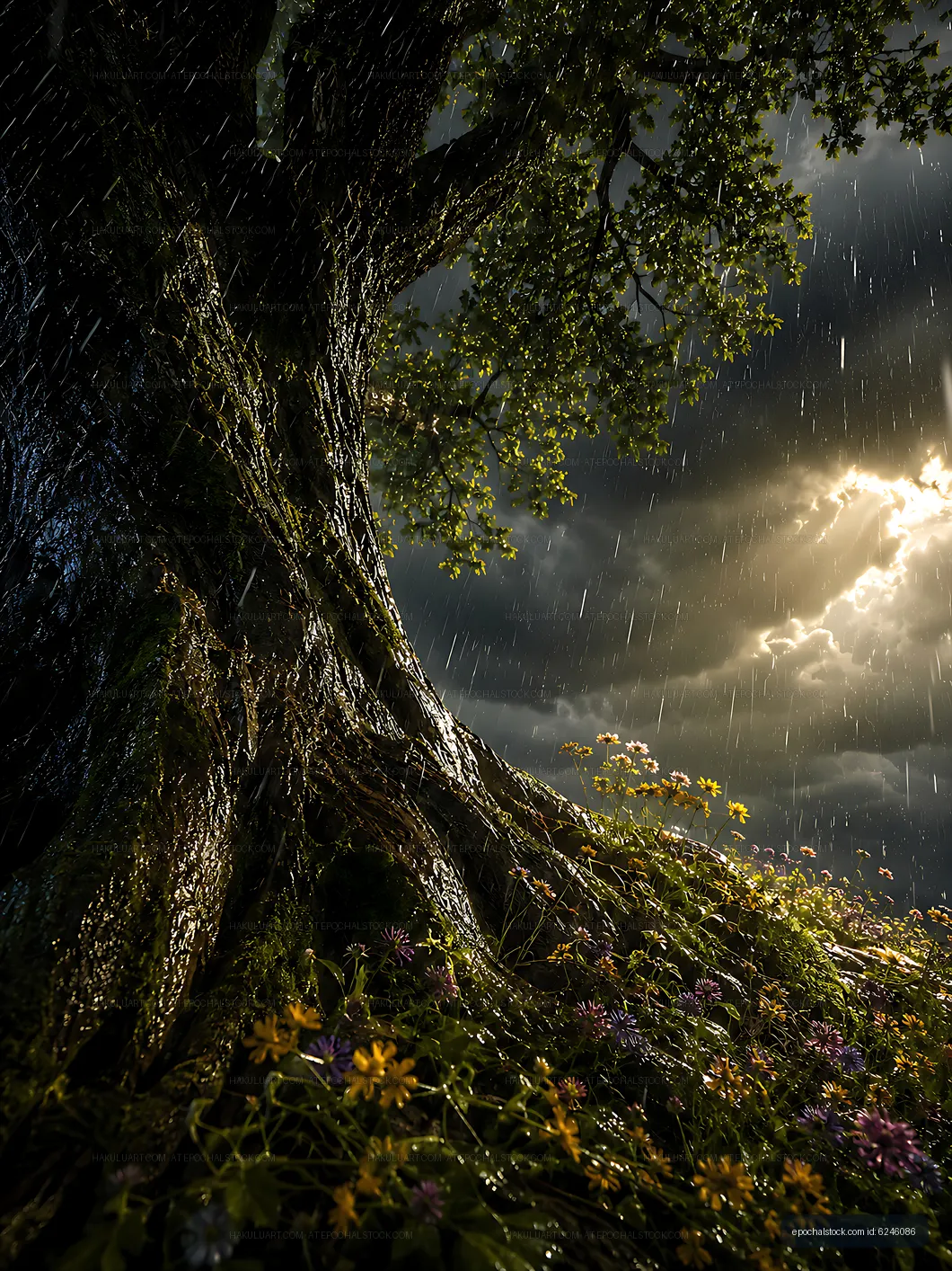 Rainfall near an old tree with flowers and dark clouds