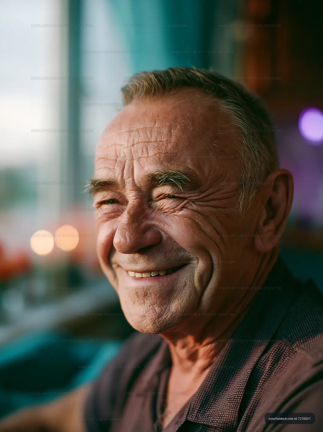 Smiling senior man sitting indoors near window with warm lighting