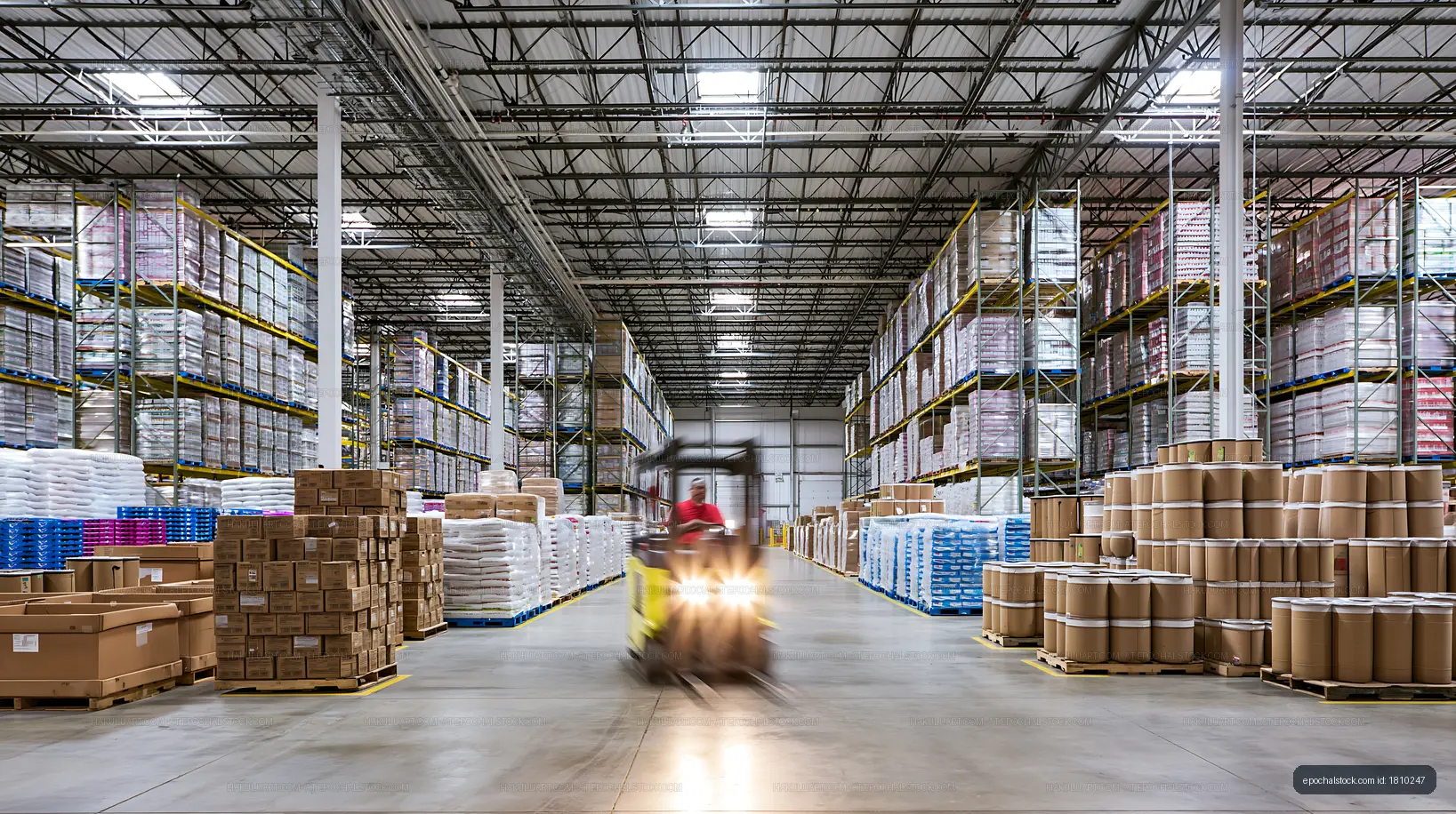 Warehouse with storage racks and a forklift in motion