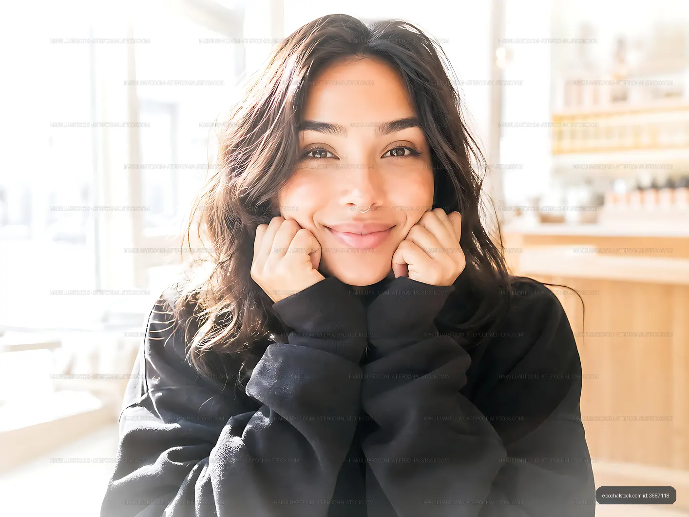Woman smiling and resting her chin on hands in a bright cafe