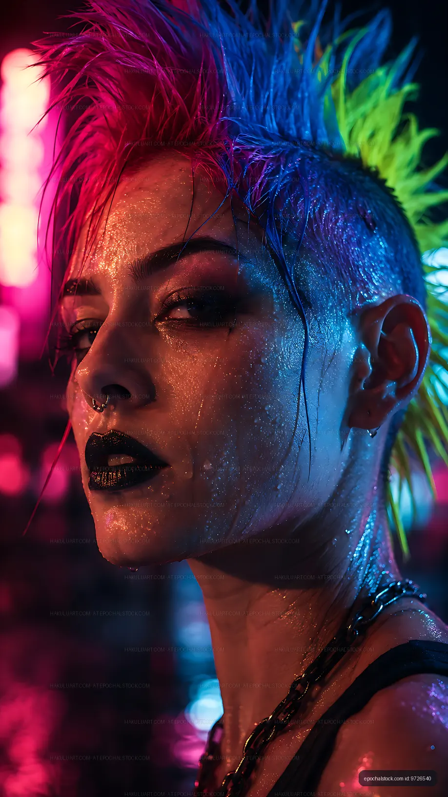Young person with colorful mohawk hairstyle under bright lights