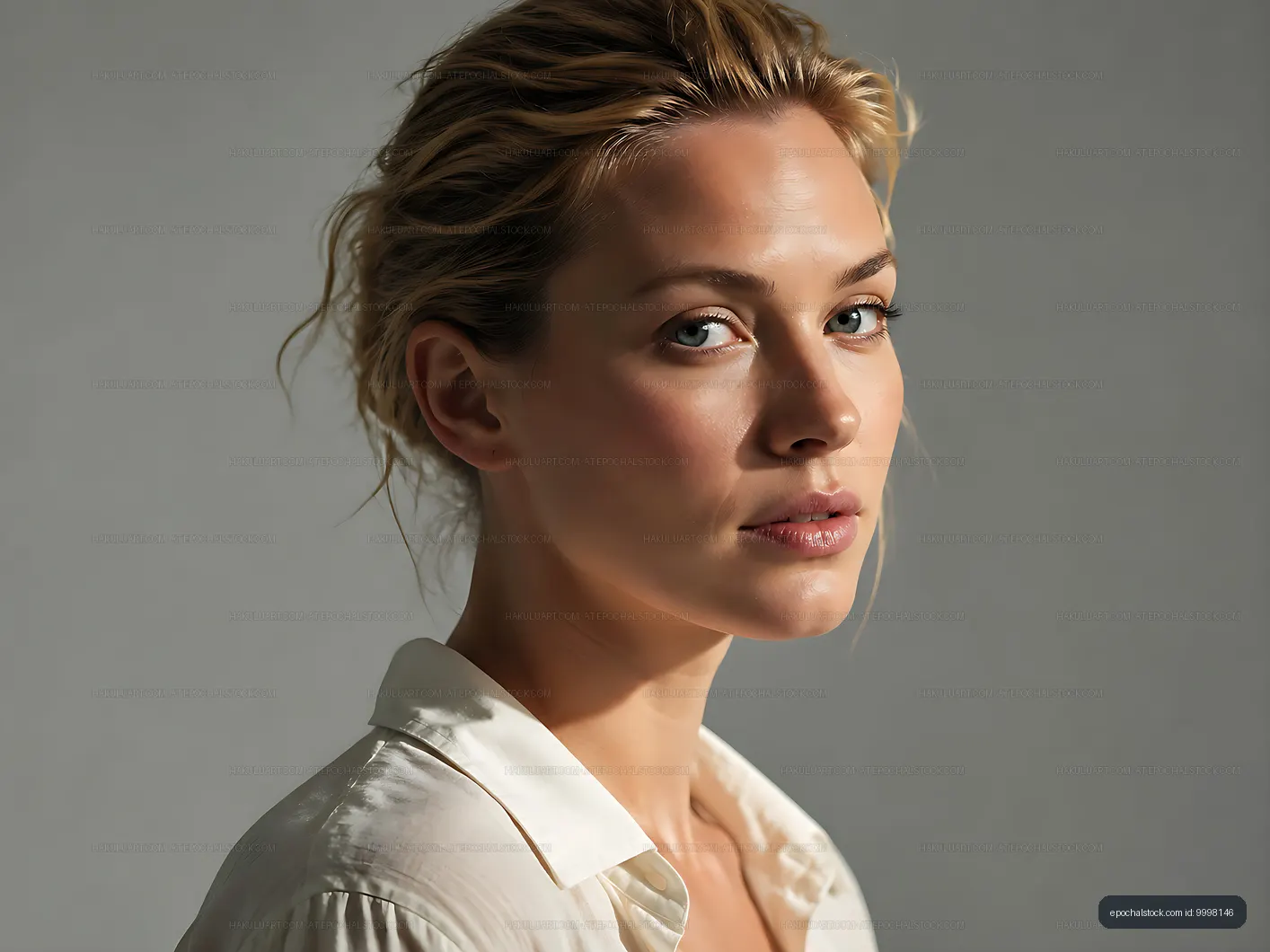 Model with casual hairstyle and white shirt against gray background