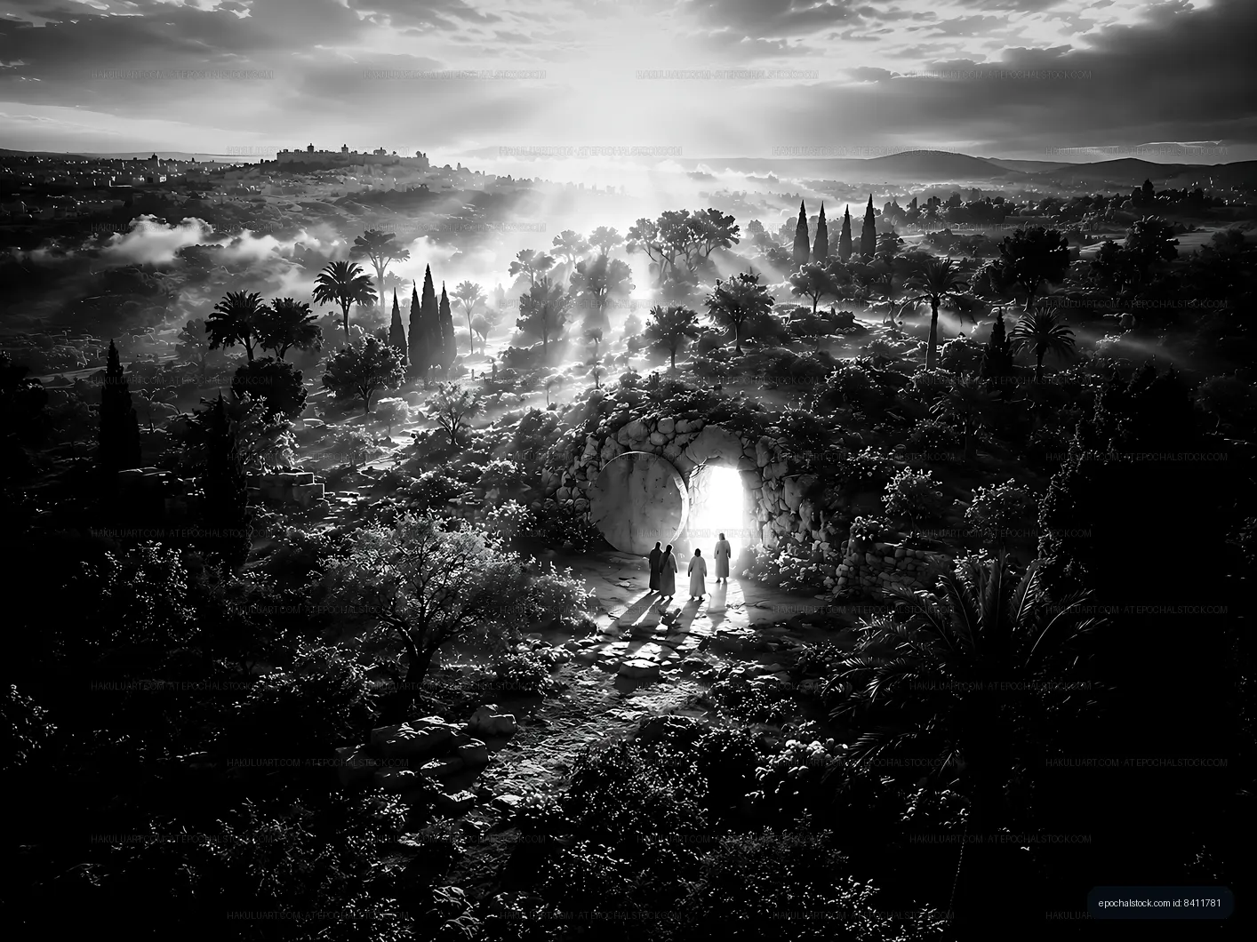 Sunrise at ancient ruins with figures approaching the doorway