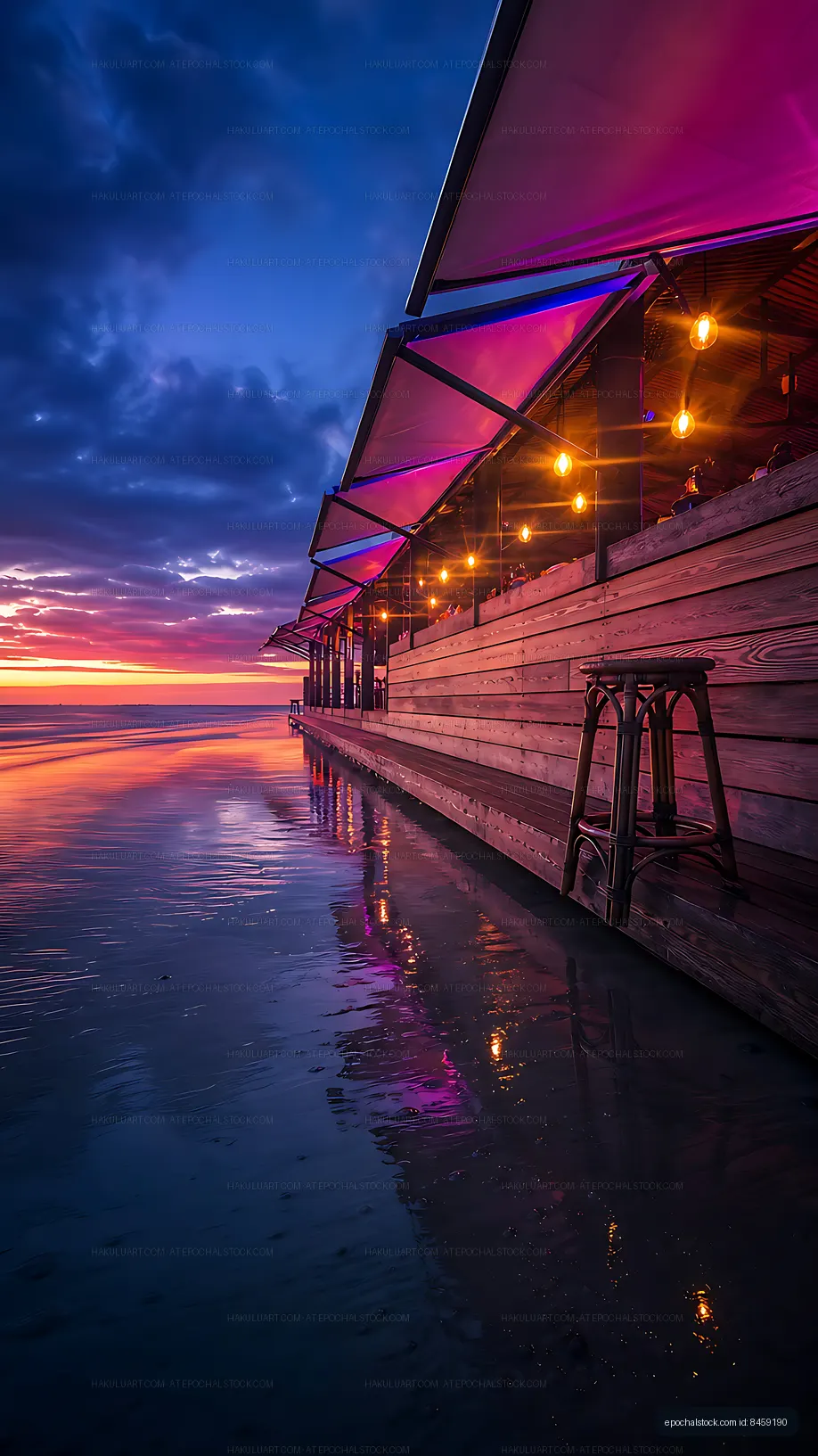 Sunset over beachside restaurant with glowing lights