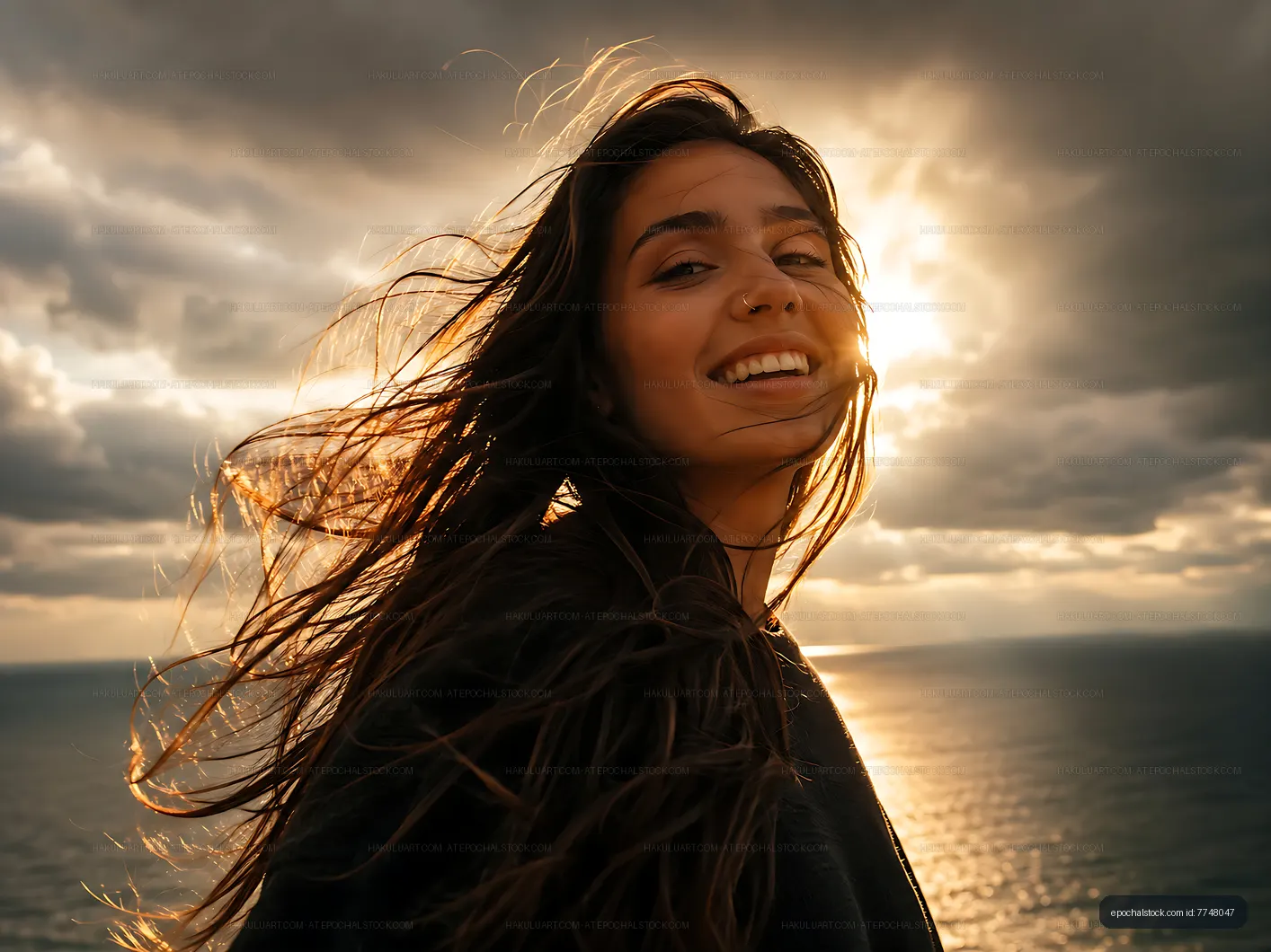 Woman stands by the ocean with hair blowing in the wind