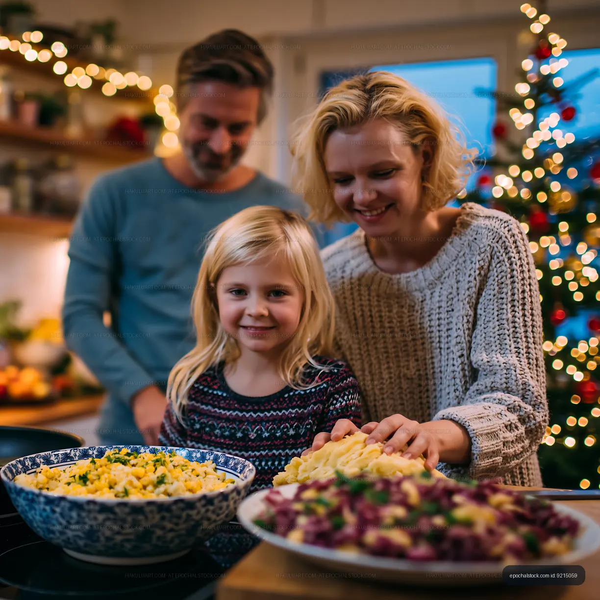 Family preparing food together in a cozy holiday kitchen
