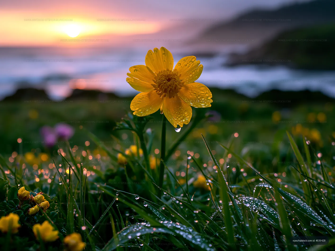 Close-up of a yellow flower with water droplets at sunset