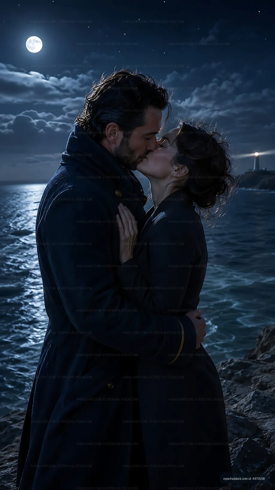 Romantic couple kissing near the shore under a full moon