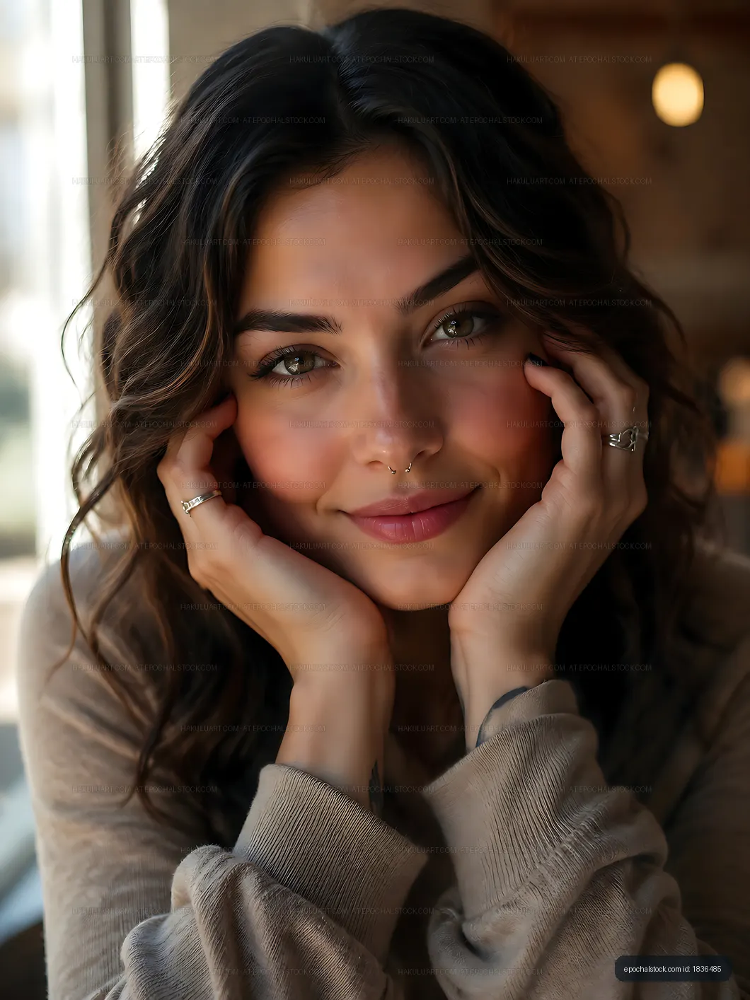 Woman with curly hair sitting indoors and smiling