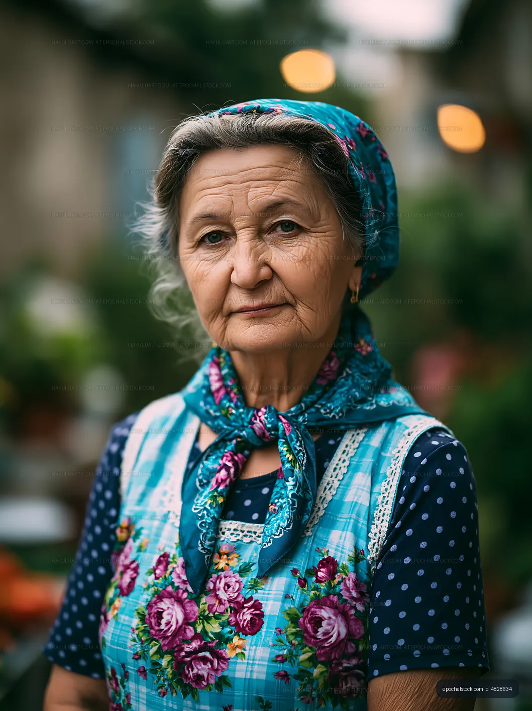Elderly woman with scarf standing outside in a garden setting