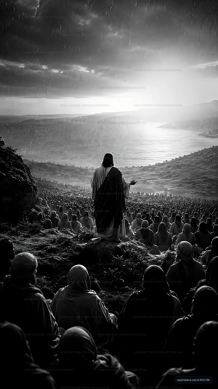 Figures listening to a speaker in a dramatic landscape during rain