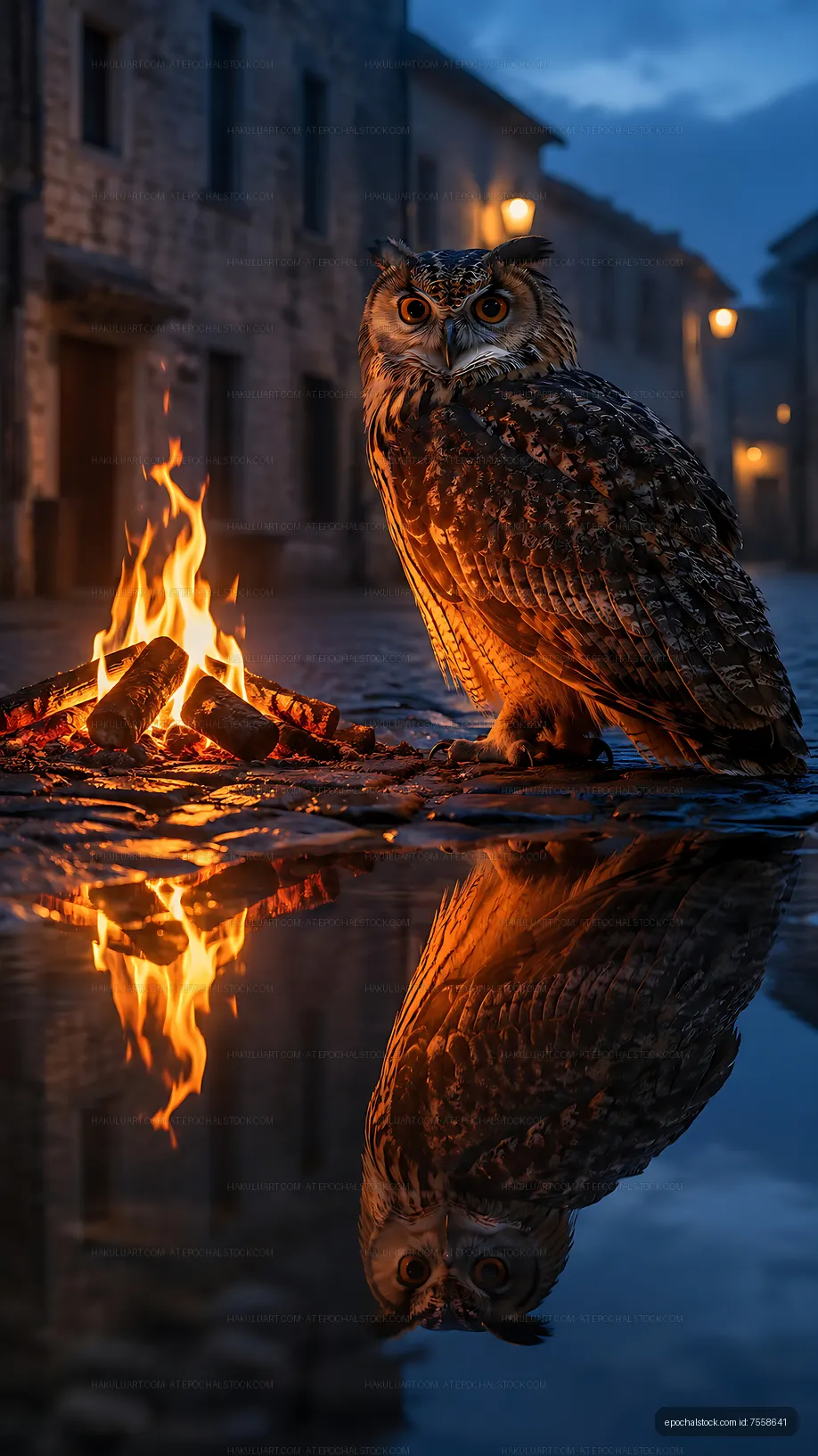 Owl by the fire reflecting on cobblestone street at night
