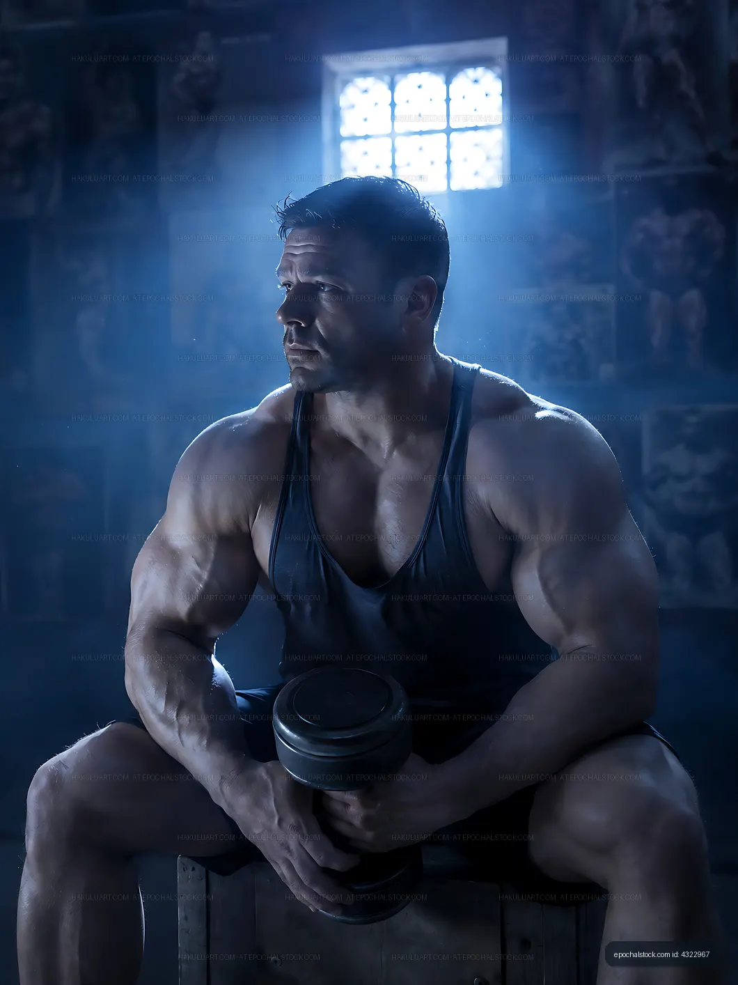 Muscular man resting with dumbbell in a dimly lit gym