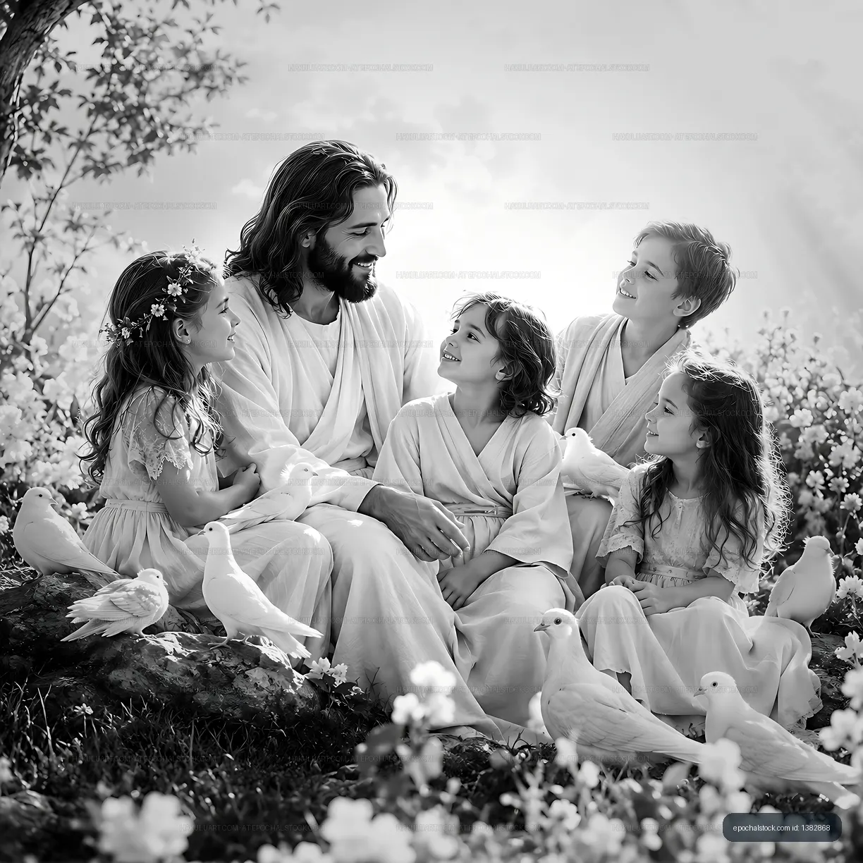 Jesus sitting with children in a garden surrounded by doves