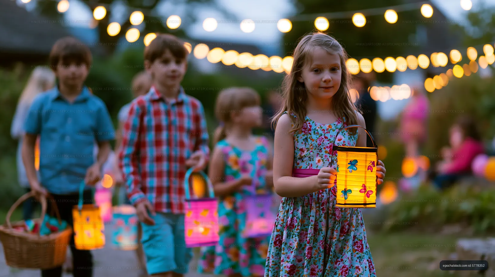Children walking with lanterns at a garden event in the evening