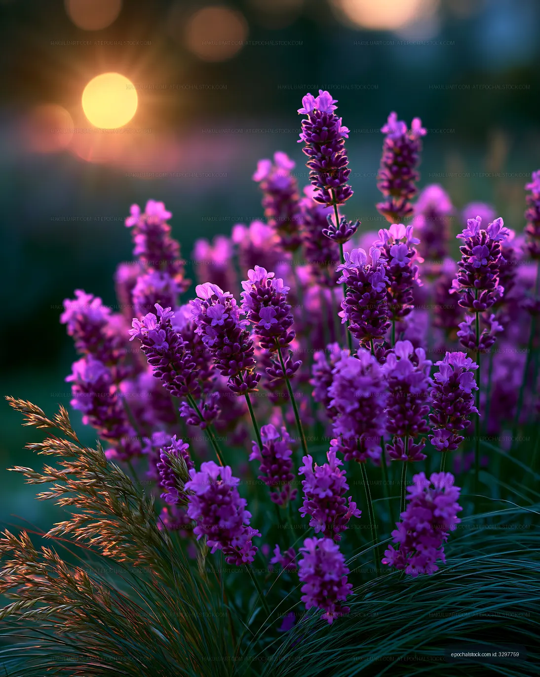 Lavender flowers blooming at sunset in a garden setting