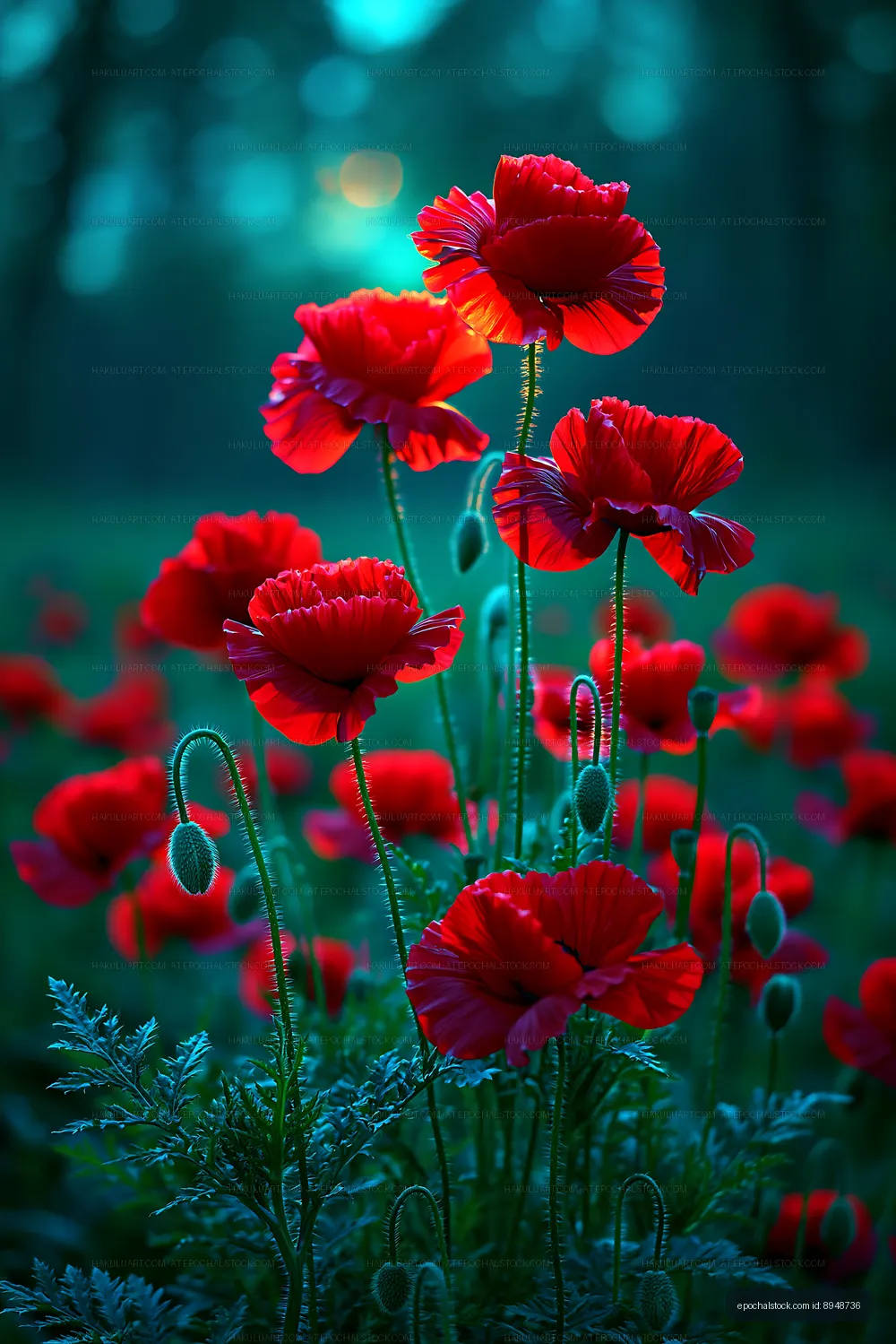 Bright red poppies blooming in a field at sunset