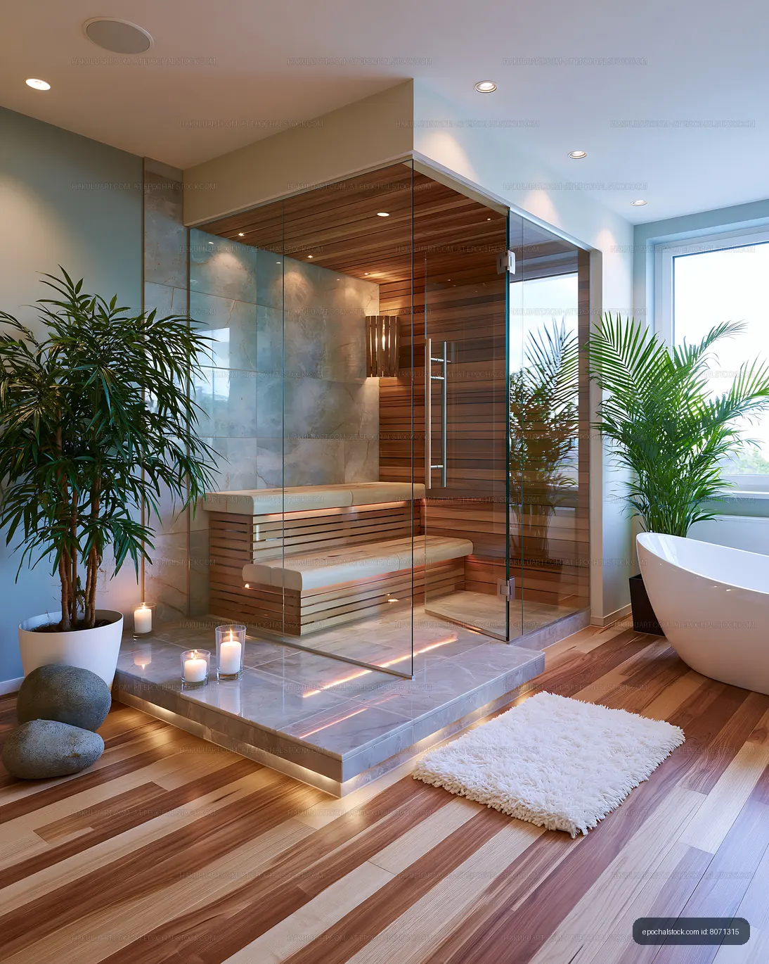 Modern bathroom with sauna and relaxing atmosphere