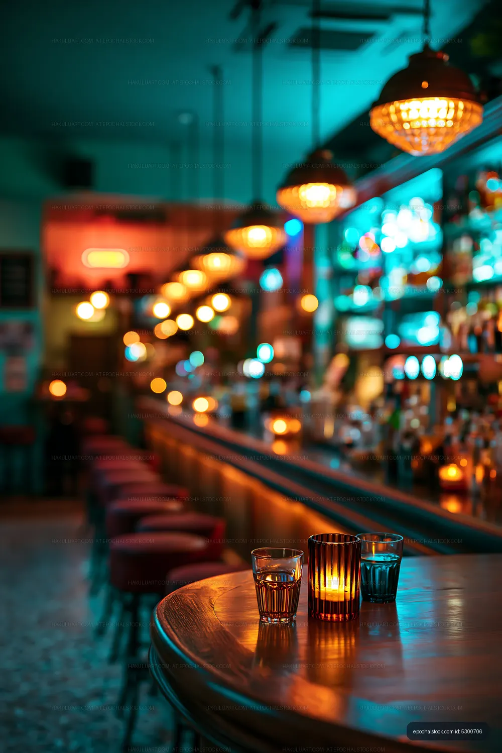 Bar scene with glowing lights and drinks on the table