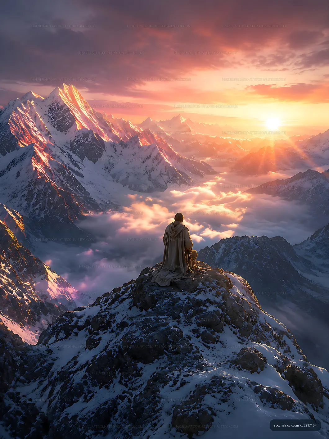Man sits on mountain peak during sunrise with clouds below