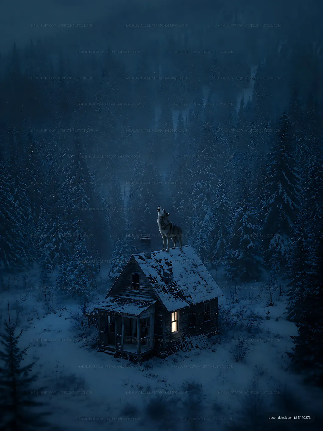 Wolf standing on a roof at night with snow-covered trees