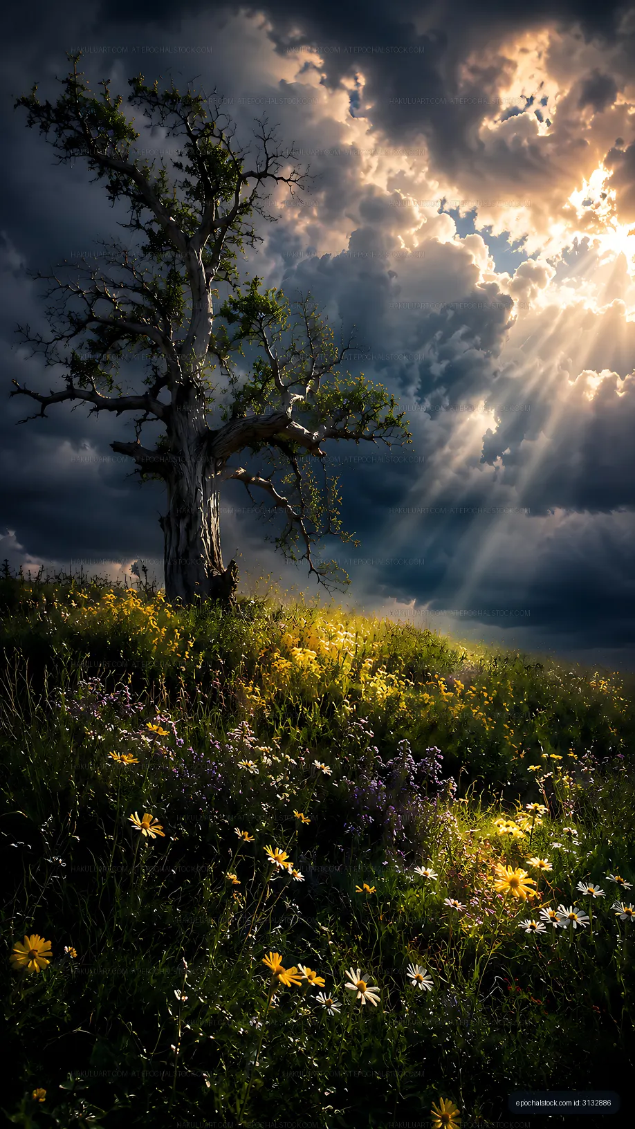 Sunlight breaks through clouds over a flower-filled field