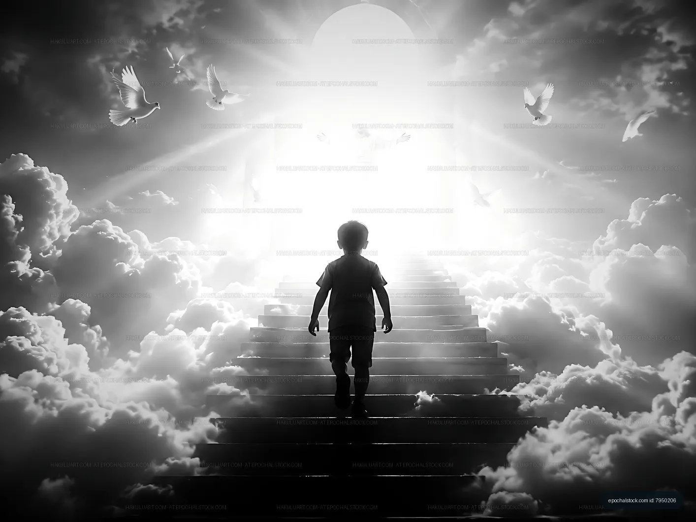 Child walking up stairs into light with doves in the background