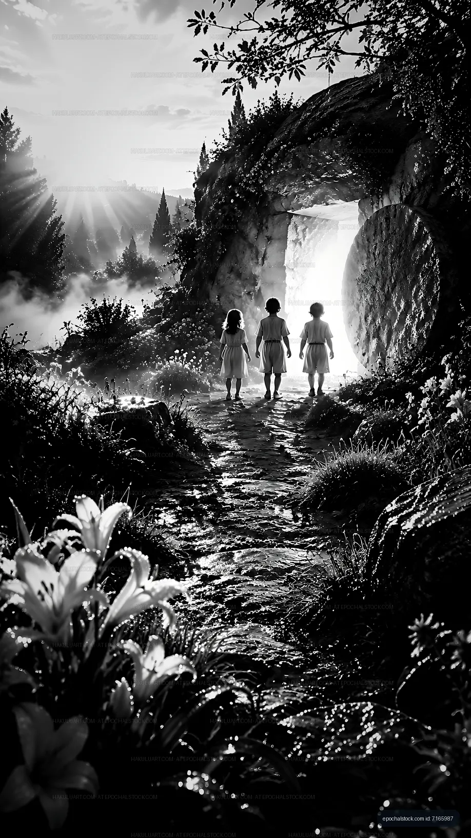 Children walking towards a glowing entrance in nature