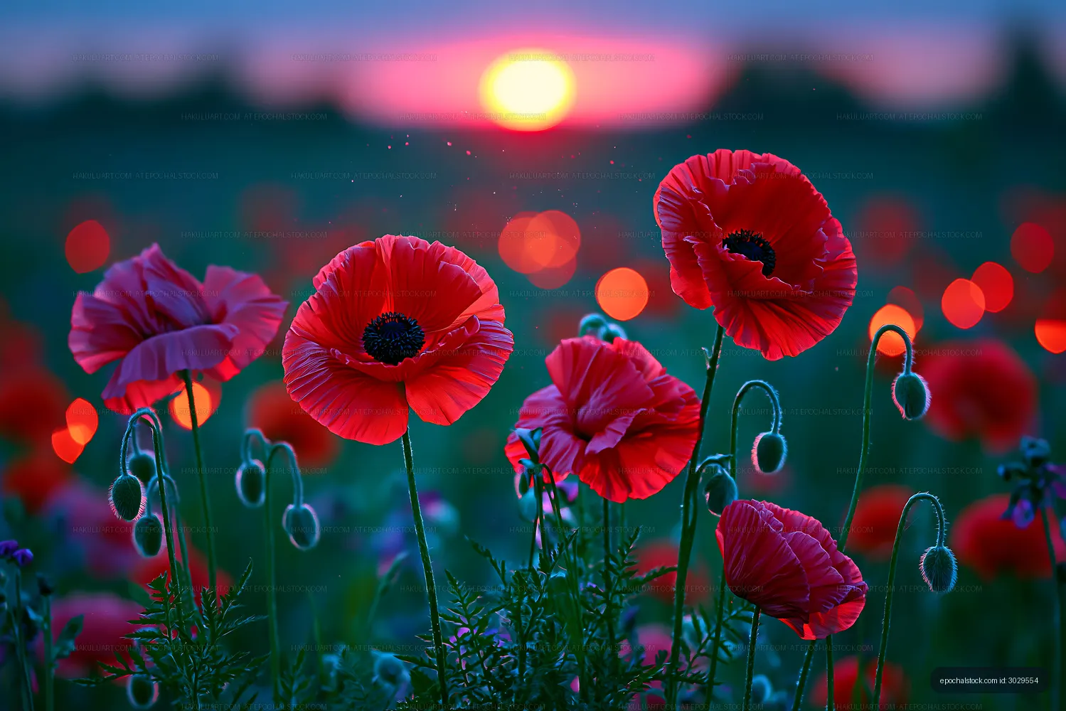 Red poppies bloom at sunset in a vibrant field