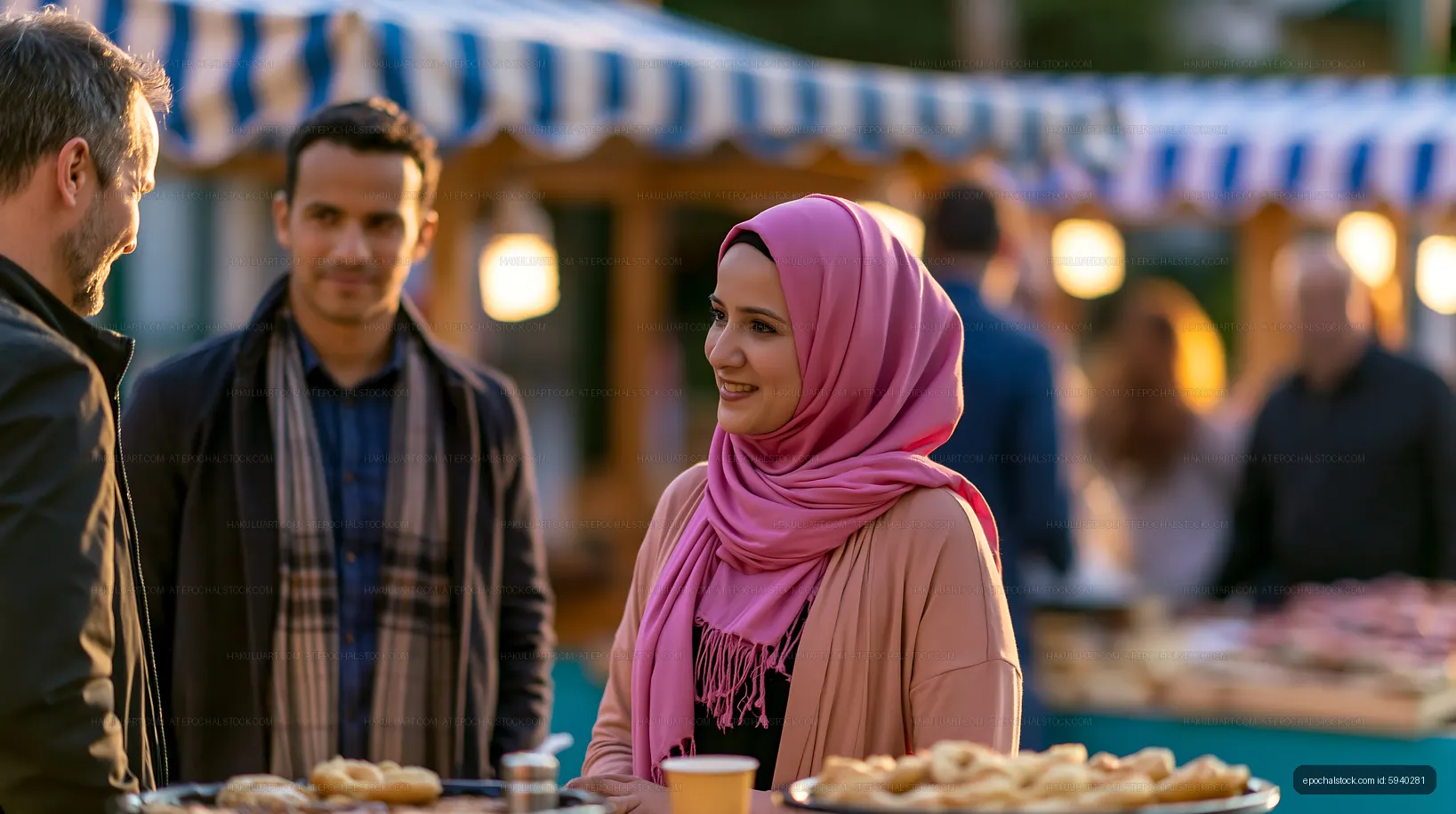 People chatting at a market with snacks and drinks in the evening