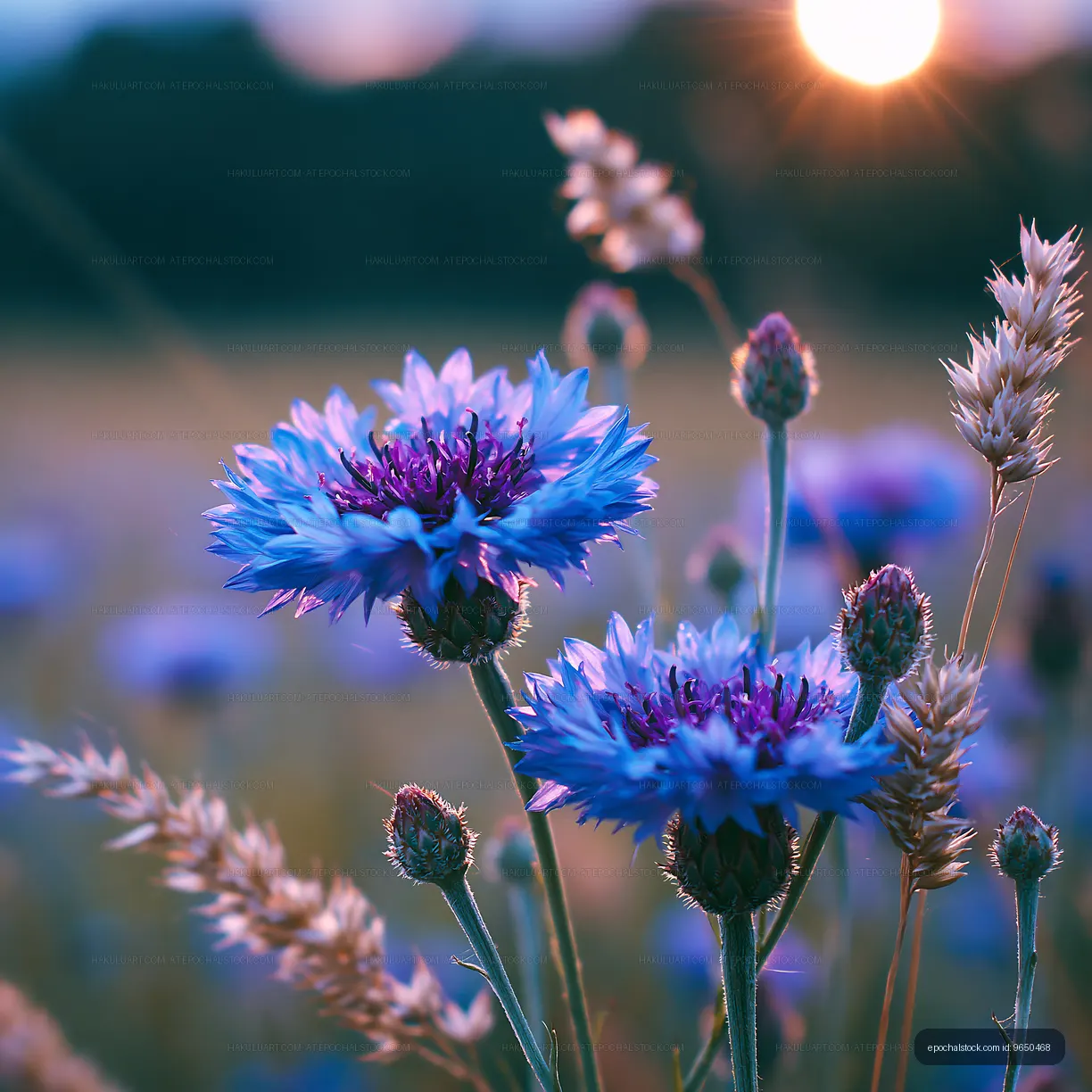 Blue flowers in a field at sunset