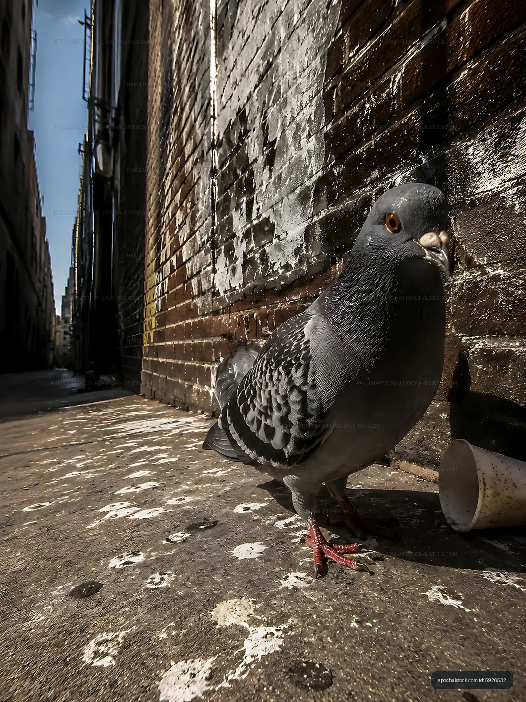Pigeon standing on urban street with brick wall and cup